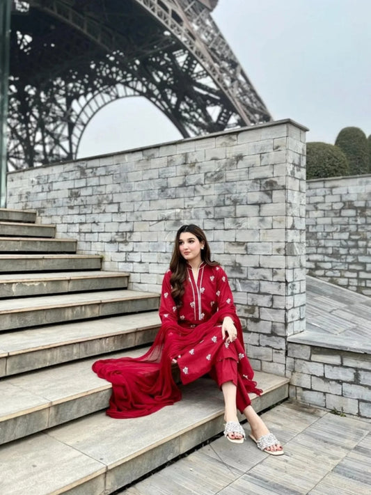 Layll | Red Embroidered Summer Linen 3-Piece Suit