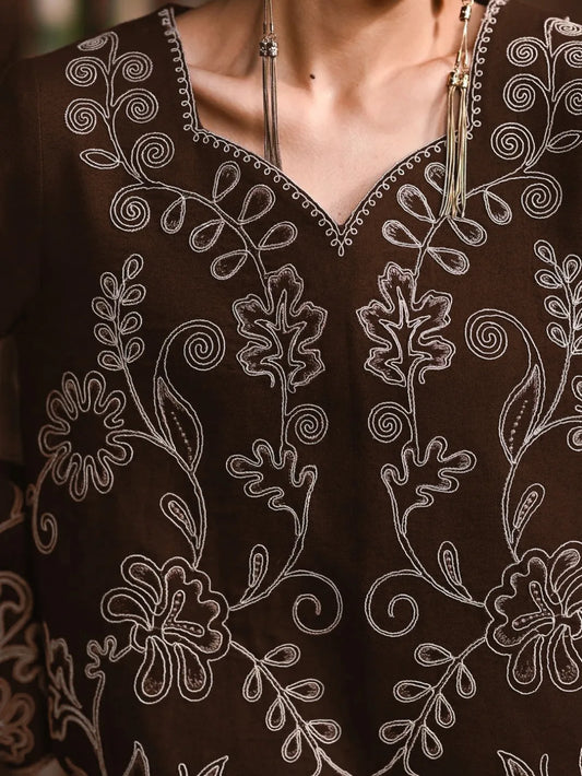 Izkah | Brown Embroidered Cotton Lawn 2-Piece Suit