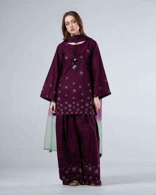 Ellan 3 Piece Suit – Plum | Lawn Shirt & Trouser + Tissue Dupatta
