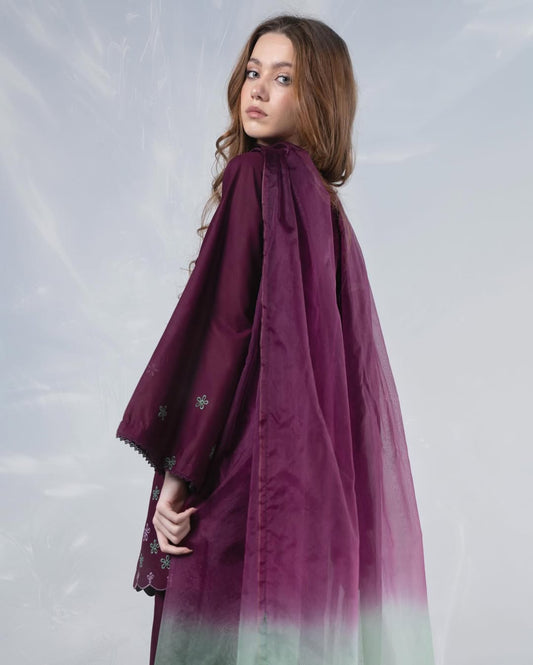 Ellan 3 Piece Suit – Plum | Lawn Shirt & Trouser + Tissue Dupatta