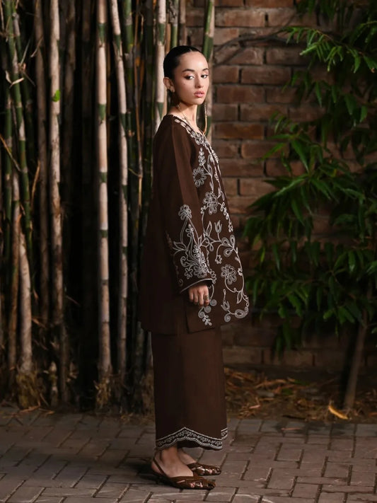 Izkah | Brown Embroidered Cotton Lawn 2-Piece Suit